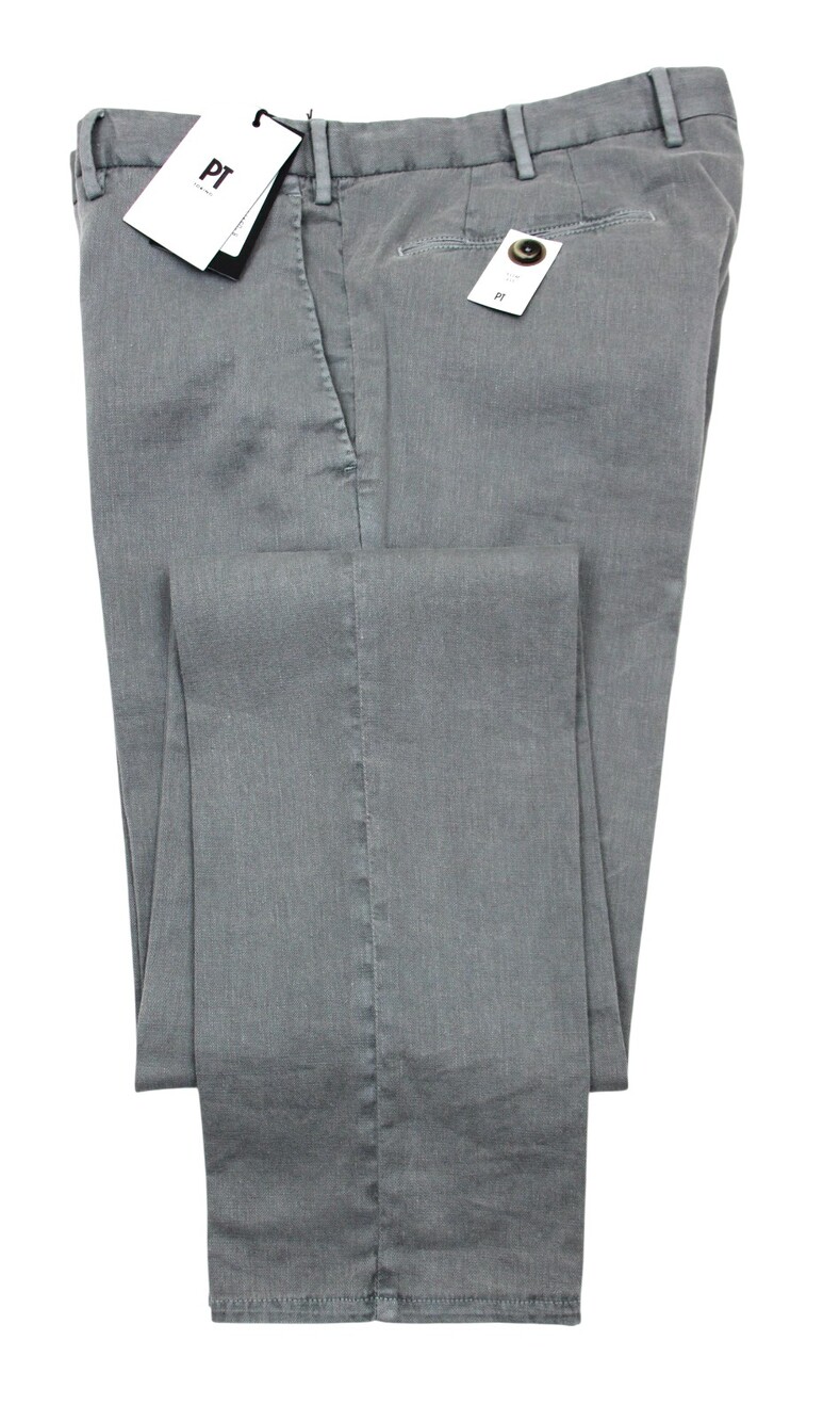 $395 PT Torino Pants 40 fits 39 (56 EU) Slim Grey Delvane Linen Cotton Stretch